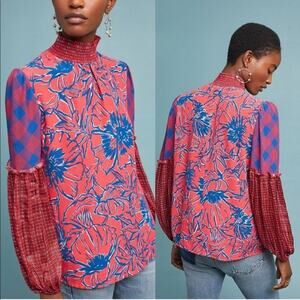 Anthro Bl^nk Vivant Top Plaid Floral Boho Cottagecore Balloon Blue Red Size M